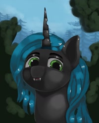 Size: 1920x2400 | Tagged: safe, artist:meodaiduoi, queen chrysalis, changeling, changeling queen, pony, g4, bared teeth, bust, day, fangs, female, forest, looking at you, pine tree, portrait, tree