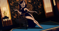 Size: 11331x5994 | Tagged: safe, artist:lovely-pony, oc, oc only, oc:gloomy, unicorn, anthro, unguligrade anthro, absurd resolution, cheongsam, clothes, dress, dutch angle, featured image, female, glass, hooves, indoors, lamp, legs, not rarity, pose, side slit, sitting, solo, total sideslit