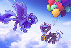 Size: 7000x4666 | Tagged: safe, artist:lollipony, princess luna, oc, oc:equui-nox, alicorn, pony, unicorn, g4, absurd resolution, balloon, birthday, cloud, commission, cute, duo, ear fluff, female, floating, flying, looking at each other, mare, present, smiling