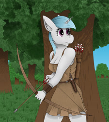 Size: 1280x1422 | Tagged: safe, artist:zeronitroman, unicorn, anthro, archery, arrow, bow (weapon), bow and arrow, clothes, dress, female, ponified, solo, wards of truth, weapon, ysolda