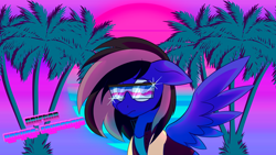 Size: 1920x1080 | Tagged: safe, artist:nevermore228, oc, oc only, oc:driftor, pegasus, pony, blue background, blue eyes, clothes, commission, floppy ears, glasses, gradient background, jacket, looking at you, male, neon, palm tree, pegasus oc, pink background, retro, retrowave, simple background, solo, sparkles, spread wings, stallion, sun, synthwave, tree, two toned mane, wings, ych result