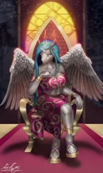 Size: 762x1280 | Tagged: safe, artist:h_03, princess celestia, alicorn, anthro, unguligrade anthro, g4, abs, breasts, busty princess celestia, cleavage, clothes, crossed legs, ethereal crown, female, jewelry, shoes, signature, solo, spread wings, stained glass, throne, throne room, window, wings