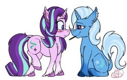 Size: 640x401 | Tagged: safe, artist:milledpurple, artist:srtamilled, starlight glimmer, trixie, pony, unicorn, g4, ear fluff, female, food, gradient hooves, lesbian, pocky, ship:startrix, shipping, simple background, unshorn fetlocks, white background