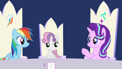 Size: 1920x1080 | Tagged: safe, artist:kazamacat, rainbow dash, starlight glimmer, sweetie belle, pegasus, pony, unicorn, fanfic:the master mev, g4, eyelashes, fanfic art, female, filly, friendship throne, mare, raised hoof, show accurate, smiling, table, throne room, underhoof