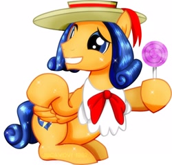 Size: 2445x2350 | Tagged: safe, alternate version, artist:jucamovi1992, flash sentry, pegasus, pony, g4, alternate hairstyle, bowtie, candy, food, grin, hat, high res, lollipop, male, nervous, nervous smile, simple background, smiling, solo