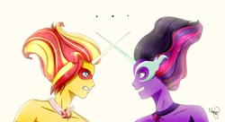 Size: 3118x1699 | Tagged: safe, artist:mikashi07, sci-twi, sunset shimmer, twilight sparkle, equestria girls, g4, my little pony equestria girls: friendship games, crossed horns, daydream shimmer, digital art, evil smile, grin, horn, horned humanization, horns are touching, jewelry, mask, midnight sparkle, necklace, simple background, smiling