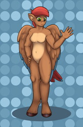 Size: 652x1000 | Tagged: safe, artist:redquoz, oc, oc only, oc:allegra mazarine, bird, bird pone, anthro, unguligrade anthro, anthro oc, athletic, belly button, bird tail, circles, ear fluff, female, fluffy, folded wings, gentle smile, green eyes, hand on hip, hooves, looking at you, shading, shiny hooves, simple background, solo, two toned coat, two toned tail, two toned wings, waving, wings