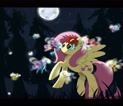 Size: 2048x1750 | Tagged: safe, artist:miss_muertos, fluttershy, seabreeze, breezie, pegasus, pony, g4, it ain't easy being breezies, digital art, female, forest, forest background, male, moon, night