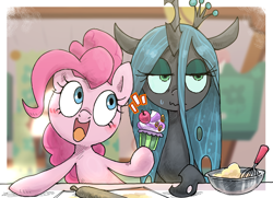 Size: 1800x1300 | Tagged: safe, artist:fuyugi, pinkie pie, queen chrysalis, changeling, changeling queen, earth pony, pony, g4, adventure in the comments, blushing, cherry, cooking, cupcake, cute, cutealis, diapinkes, duo, embarrassed, female, food, hoof hold, lidded eyes, mare, open mouth, wide eyes