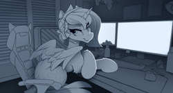 Size: 2500x1341 | Tagged: safe, artist:yakovlev-vad, princess luna, alicorn, pony, gamer luna, g4, chair, computer mouse, female, headset, keyboard, lip bite, looking back, mare, monitor, monochrome, office chair, plant, rubik's cube, s1 luna, sketch, skull, slender, solo, thin, wip