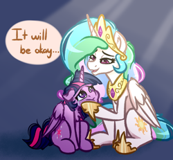Size: 4000x3700 | Tagged: safe, artist:witchtaunter, princess celestia, twilight sparkle, alicorn, pony, g4, comforting, comforting twilight, crying, cute, female, momlestia, sad, sadorable, sitting, twilight sparkle (alicorn), who are you and what have you done with witchtaunter