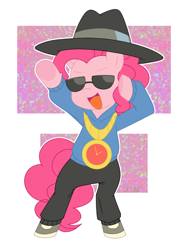 Size: 900x1200 | Tagged: safe, artist:ch-chau, pinkie pie, earth pony, pony, g4, testing testing 1-2-3, abstract background, bipedal, female, hat, mare, open mouth, rapper pie, solo, sunglasses, the rappin' hist'ry of the wonderbolts