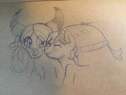 Size: 2048x1536 | Tagged: safe, artist:cadetredshirt, sandbar, yona, earth pony, pony, yak, g4, blushing, cute, duo, duo male and female, eyes closed, female, interspecies, larger female, male, pencil drawing, sandabetes, ship:yonabar, shipping, size difference, sketch, smaller male, straight, traditional art, yonadorable