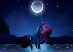 Size: 9134x6459 | Tagged: safe, artist:therealf1rebird, princess luna, alicorn, pony, g4, absurd resolution, canterlot, ethereal mane, female, galaxy mane, horn, lake, laurel wreath, looking down, mare, moon, night, sky, stars, water, wings