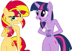 Size: 635x455 | Tagged: safe, artist:supersamyoshi, sunset shimmer, twilight sparkle, anthro, g4, casual nudity, cursed image, duo, not salmon, nudity, simple background, transparent background, wat