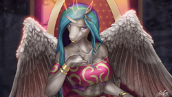 Size: 1280x720 | Tagged: safe, artist:h_03, princess celestia, alicorn, anthro, g4, abs, breasts, busty princess celestia, cleavage, close-up, cropped, ethereal crown, female, jewelry, mare, signature, solo, spread wings, stained glass, throne, throne room, window, wings