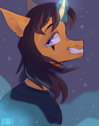 Size: 2920x3705 | Tagged: safe, artist:biskvit, classical unicorn, pony, unicorn, bust, clothes, cloven hooves, commission, dallon weekes, ear fluff, facial markings, glowing horn, grin, high res, horn, leonine tail, looking at you, male, ponified, shirt, smiling, stallion, t-shirt, unshorn fetlocks, ych result