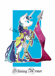 Size: 3300x4548 | Tagged: safe, artist:barnowlking, shining armor, pony, unicorn, g4, abstract background, armor, bipedal, colored pupils, flag, high res, male, profile, solo, stallion, tail wrap