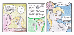 Size: 990x473 | Tagged: safe, artist:lost marbles, derpy hooves, pinkie pie, earth pony, pegasus, pony, comic:derpy - stripper extraordinaire, g4, comic, comic strip, dialogue, female, traditional art