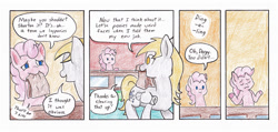 Size: 990x473 | Tagged: safe, artist:lost marbles, derpy hooves, pinkie pie, earth pony, pegasus, pony, comic:derpy - stripper extraordinaire, g4, comic, comic strip, dialogue, female, shrug, traditional art