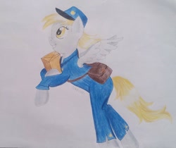 Size: 1024x859 | Tagged: safe, artist:wrath-marionphauna, derpy hooves, pegasus, pony, g4, colored pencil drawing, female, flying, mail, mailbag, mailbox, mailmare, mailpony uniform, smiling, solo, traditional art