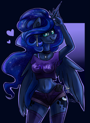 Size: 1439x1956 | Tagged: safe, artist:tu-kierownik, princess luna, anthro, g4, alternate hairstyle, belly button, breasts, busty princess luna, clothes, daisy dukes, ear piercing, earring, ethereal mane, female, heart, jewelry, long socks, looking at you, mare, midriff, necklace, piercing, pose, purple underwear, short shirt, shorts, signature, simple background, smiling, solo, starry mane, underwear