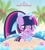 Size: 900x1011 | Tagged: safe, artist:catseyeart, twilight sparkle, alicorn, semi-anthro, g4, arm hooves, beach, bikini, bipedal, blushing, bow, chibi, clothes, cute, cutie mark, cutie mark on clothes, female, hair bow, looking at you, mare, midriff, ocean, open mouth, palm tree, ponytail, sarong, seashell, shell, solo, starry eyes, swimsuit, tree, twiabetes, twilight sparkle (alicorn), wingding eyes