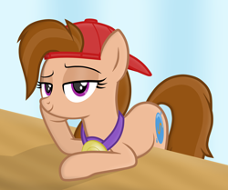 Size: 2352x1962 | Tagged: safe, artist:chomakony, oc, oc only, oc:kiranne spell, earth pony, pony, bedroom eyes, cap, earth pony oc, female, gradient background, hat, hoof on cheek, hooves on the table, jewelry, lidded eyes, looking at you, mare, necklace, on table, show accurate, simple background, smiling, solo, table