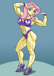Size: 2480x3508 | Tagged: safe, artist:art-2u, fluttershy, equestria girls, g4, abs, biceps, bikini, bodybuilder, clothes, commission, female, flexing, high heels, high res, muscles, muscleshy, muscular female, pose, shoes, simple background, smiling, solo, swimsuit
