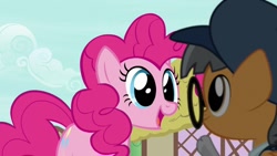 Size: 1162x657 | Tagged: safe, screencap, pinkie pie, tiny times, earth pony, pony, daring done?, g4, background pony, colt, cute, diapinkes, female, glasses, male, mare, open mouth, ponyville, smiling
