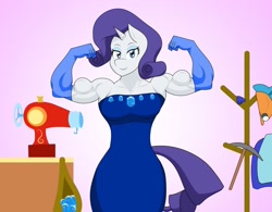 Size: 1280x996 | Tagged: safe, artist:matchstickman, rarity, unicorn, anthro, g4, biceps, clothes, dress, evening gloves, female, flexing, gem, gloves, lidded eyes, long gloves, looking at you, mare, muscles, muscular female, pose, ripped rarity, sewing machine, simple background, smiling, solo