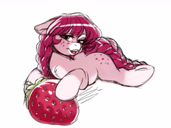 Size: 1600x1200 | Tagged: safe, artist:noupie, oc, oc only, oc:strawberry sweet, earth pony, pony, female, food, mare, prone, solo, strawberry
