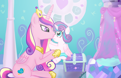 Size: 1600x1024 | Tagged: safe, artist:wrath-marionphauna, princess cadance, princess flurry heart, alicorn, pony, g4, baby, bed, bedroom, crown, crystal castle, diaper, digital art, female, jewelry, kissing, mother and child, mother and daughter, motherhood, regalia