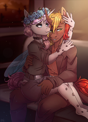 Size: 2119x2930 | Tagged: safe, artist:1an1, oc, oc only, anthro, blushing, clothes, curved horn, duo, female, high res, horn, jewelry, male, necklace, pants, shorts, sitting