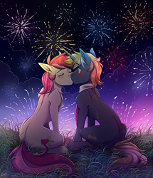 Size: 2231x2593 | Tagged: safe, artist:1an1, roseluck, oc, oc:wooded bastion, earth pony, pony, unicorn, g4, blushing, canon x oc, clothes, cute, cutie mark, equine, eyes closed, female, fireworks, high res, kissing, male, sitting, straight