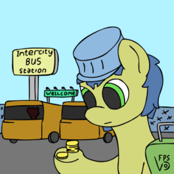 Size: 800x800 | Tagged: safe, artist:vohd, oc, oc only, oc:vohd, pony, animated, bus, bus station, frame by frame, hat, sign, solo, squigglevision