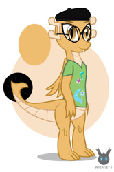 Size: 730x1102 | Tagged: safe, artist:wheatley r.h., derpibooru exclusive, oc, oc only, oc:myoozik the dragon, dragon, beret, clothes, cutie mark, cutie mark on clothes, dragon oc, dragoness, female, folded wings, glasses, happy, hat, melody the dragoness, rule 63, shirt, simple background, solo, vector, watermark, wings