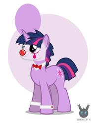 Size: 730x981 | Tagged: safe, artist:wheatley r.h., derpibooru exclusive, oc, oc only, oc:twi clown, pony, unicorn, g4, bowtie, clown makeup, clown nose, cuffs (clothes), dusk clown, happy, horn, male, red nose, rule 63, simple background, solo, stallion, unicorn oc, vector, watermark