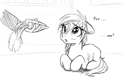 Size: 2495x1670 | Tagged: artist needed, safe, oc, oc:anon, human, pony, barn, black and white, carrot, cute, dialogue, female, food, grayscale, monochrome, ribs, sitting, sketch, skinny, thin, verity
