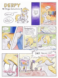 Size: 990x1333 | Tagged: safe, artist:lost marbles, derpy hooves, dinky hooves, pegasus, pony, unicorn, comic:derpy - stripper extraordinaire, g4, bag, coat rack, comic, dialogue, dictionary, door, doormat, embarrassed, female, hat, mother and child, mother and daughter, saddle bag, traditional art, trash can, umbrella hat