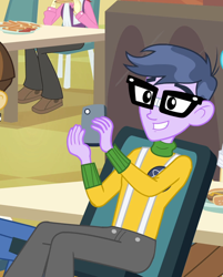 Size: 868x1080 | Tagged: safe, screencap, bright idea, micro chips, nolan north, wiz kid, equestria girls, g4, my little pony equestria girls, cellphone, chair, cropped, food, french fries, offscreen character, phone