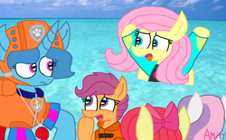 Size: 1742x1080 | Tagged: safe, artist:徐詩珮, apple bloom, fluttershy, scootaloo, spring rain, sweetie belle, earth pony, pegasus, pony, unicorn, series:sprglitemplight diary, series:sprglitemplight life jacket days, series:springshadowdrops diary, series:springshadowdrops life jacket days, g4, bow, clothes, cute, cutie mark crusaders, equestria girls outfit, eyelashes, female, filly, hair bow, helmet, lifeguard, lifeguard spring rain, lifejacket, mare, open mouth, outdoors, paw patrol, paw prints, raised hoof, simple background, springbetes, water, whistle