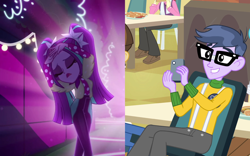 Size: 1736x1080 | Tagged: safe, edit, edited screencap, screencap, aria blaze, bright idea, micro chips, nolan north, wiz kid, equestria girls, find the magic, g4, my little pony equestria girls, my little pony equestria girls: better together, ariachips, cellphone, chair, cropped, female, food, french fries, light, male, offscreen character, phone, pose, shipping, shipping domino, straight