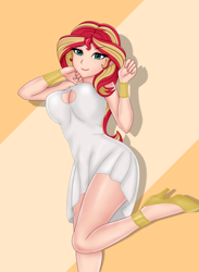 Size: 1663x2268 | Tagged: safe, artist:anonix123, sunset shimmer, human, equestria girls, g4, boob window, breasts, busty sunset shimmer, clothes, dress, female, high heels, human coloration, looking at you, shoes, solo