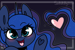 Size: 3600x2400 | Tagged: safe, artist:sakukitty, princess luna, pony, g4, blushing, bust, cute, female, heart, high res, hoof heart, looking at you, lunabetes, mare, open mouth, portrait, solo, weapons-grade cute