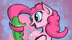 Size: 1920x1080 | Tagged: safe, artist:zookz25, gummy, pinkie pie, alligator, earth pony, pony, g4, cute, diapinkes, duo, female, male, mare, open mouth, prehensile mane