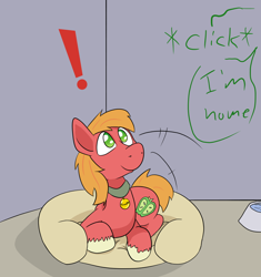 Size: 1000x1063 | Tagged: safe, artist:happy harvey, big macintosh, earth pony, pony, g4, bed, behaving like a dog, big macindog, collar, colored pupils, cute, cutie mark, dialogue, dog bed, lying on bed, macabetes, male, offscreen character, on bed, pet, pet bowl, phone drawing, pony pet, raised head, stallion