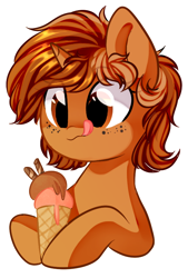 Size: 550x815 | Tagged: safe, artist:thieftea, oc, oc only, oc:sign, pony, unicorn, bust, female, food, freckles, hoof hold, ice cream, licking, licking lips, simple background, solo, tongue out, white background