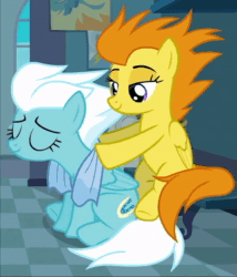 Size: 568x665 | Tagged: safe, screencap, blaze, fleetfoot, pegasus, pony, g4, newbie dash, animated, background characters doing background things, eyes closed, female, locker room, loop, mare, massage, no sound, perfect loop, sitting, towel, webm