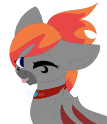 Size: 344x400 | Tagged: safe, oc, oc only, oc:aurora cassiopeia, bat pony, pony, crescent moon markings, cute, cute little fangs, fangs, jeweled necklace, looking at you, ponytail, solo, tongue out, watermark, wings, winking at you